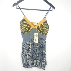 NWT Aryeh Strappy Top Gray Gold Flower Print
